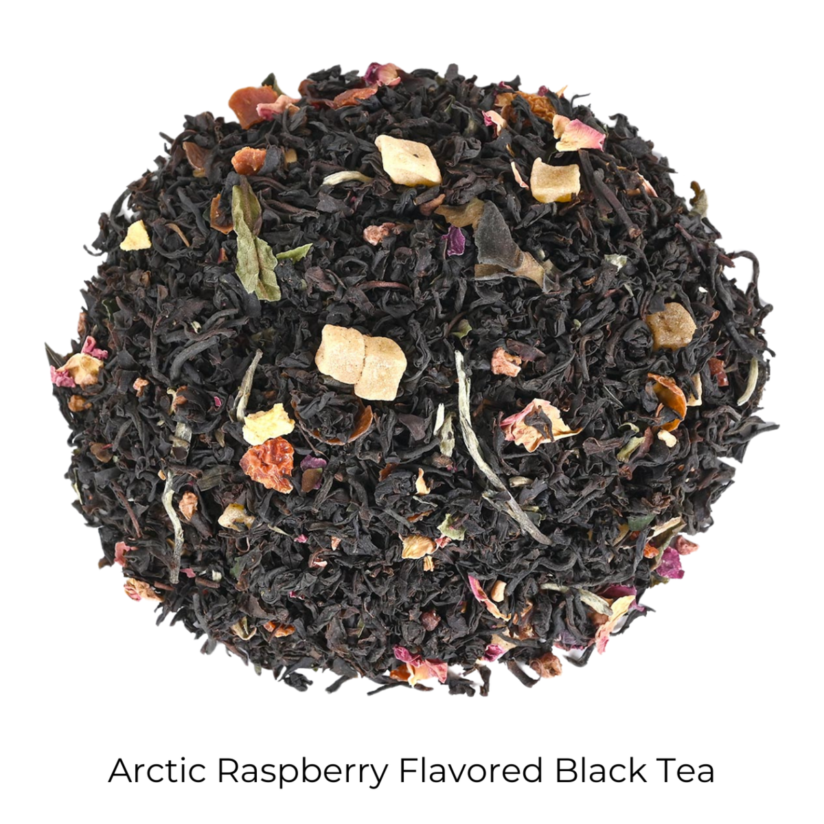 Arctic Raspberry Flavored Black loose-leaf tea on a white background with product name caption