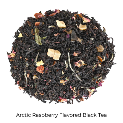 Arctic Raspberry Flavored Black loose-leaf tea on a white background with product name caption
