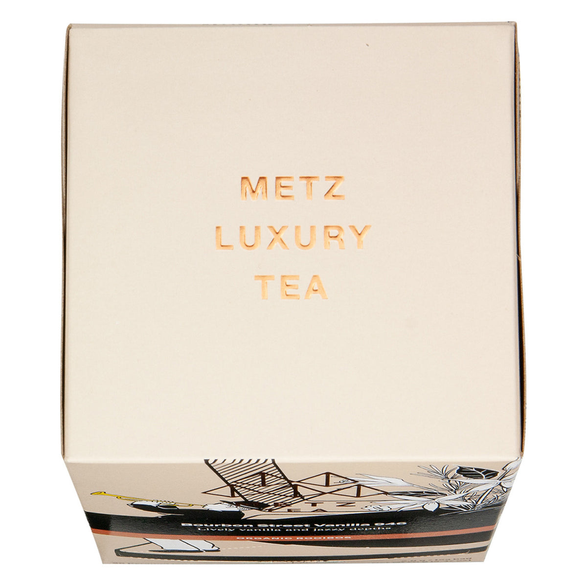 Beige box with 'Metz Luxury Tea' text on a white background