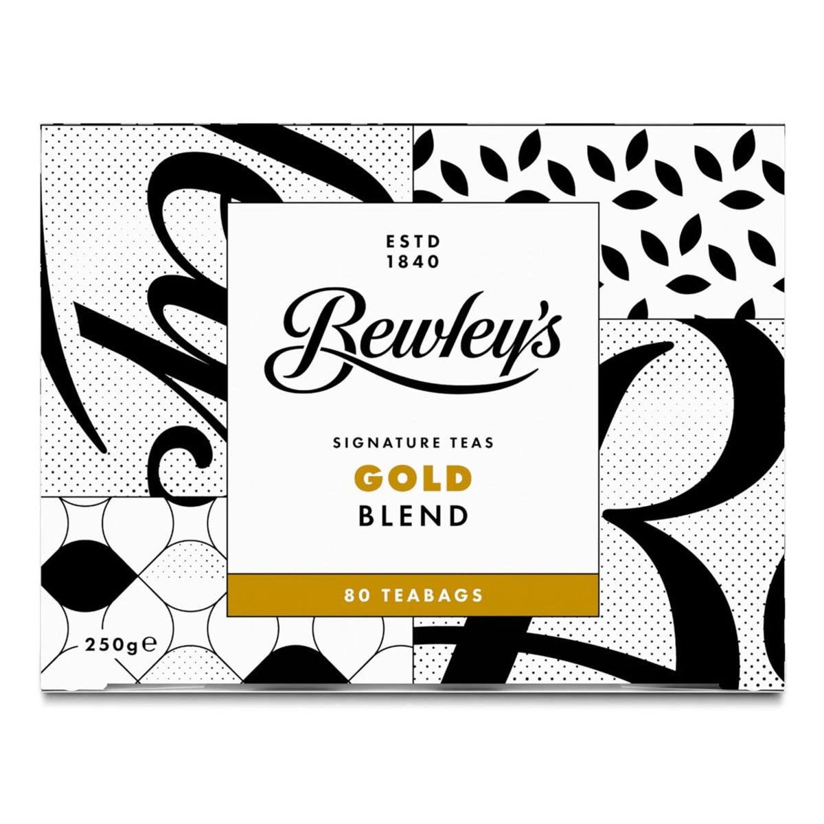 Bewley's Gold Blend tea packaging with black and white abstract patterns