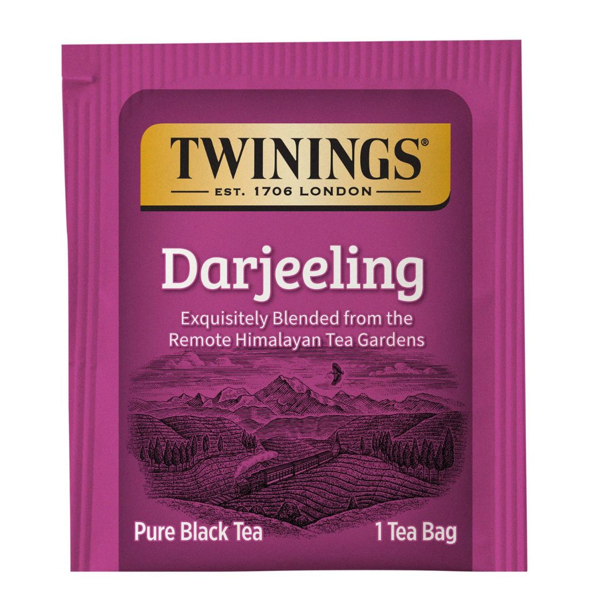 Twinings Darjeeling tea bag packaging on a white background