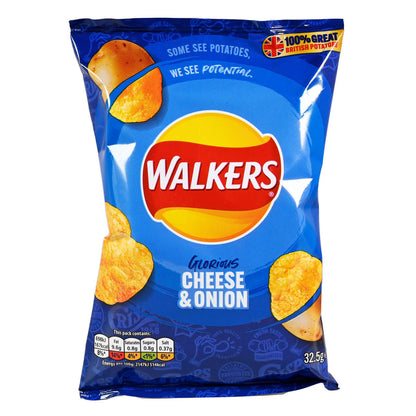 Walkers Cheese & Onion potato chip bag on a white background