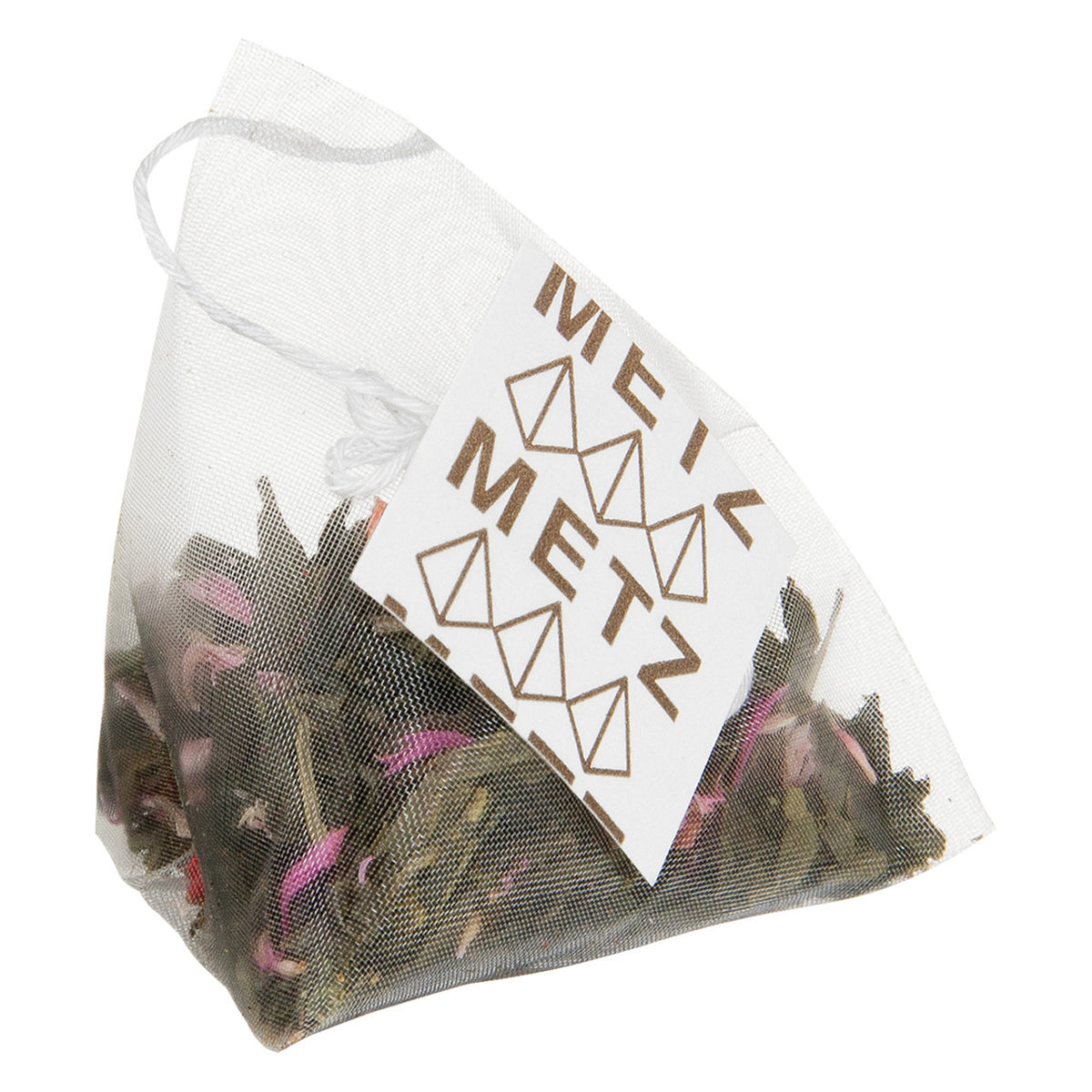 A teabag of Metz Long Island Strawberry 950 Green tea with visible tea leaves and flower petals.