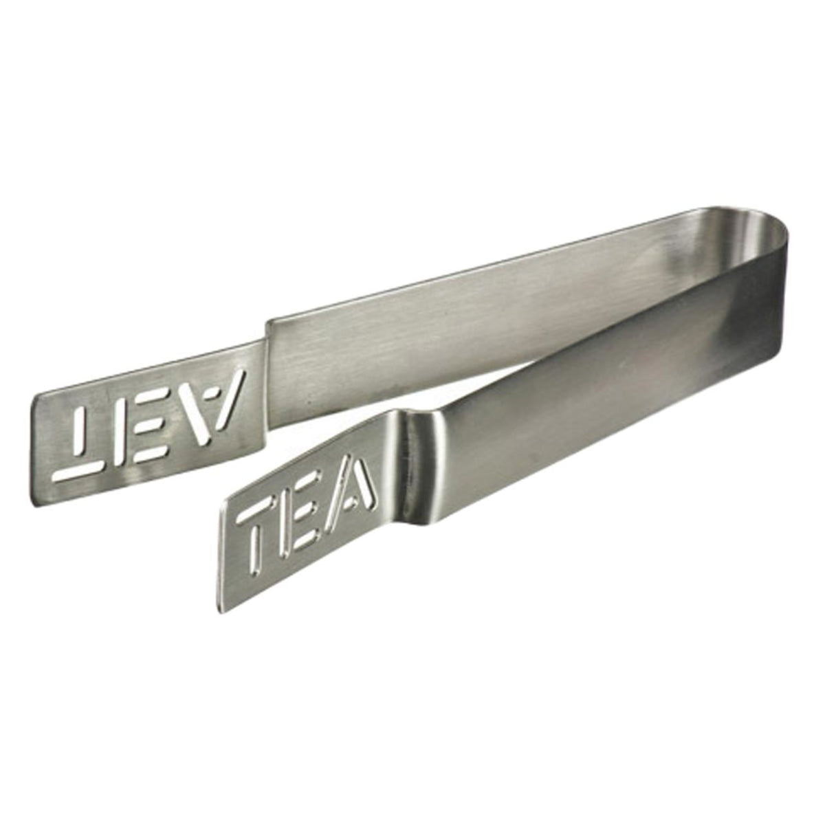 Metallic tea tongs with 'TEA' engraving on a white background