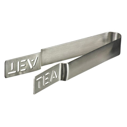 Metallic tea tongs with 'TEA' engraving on a white background