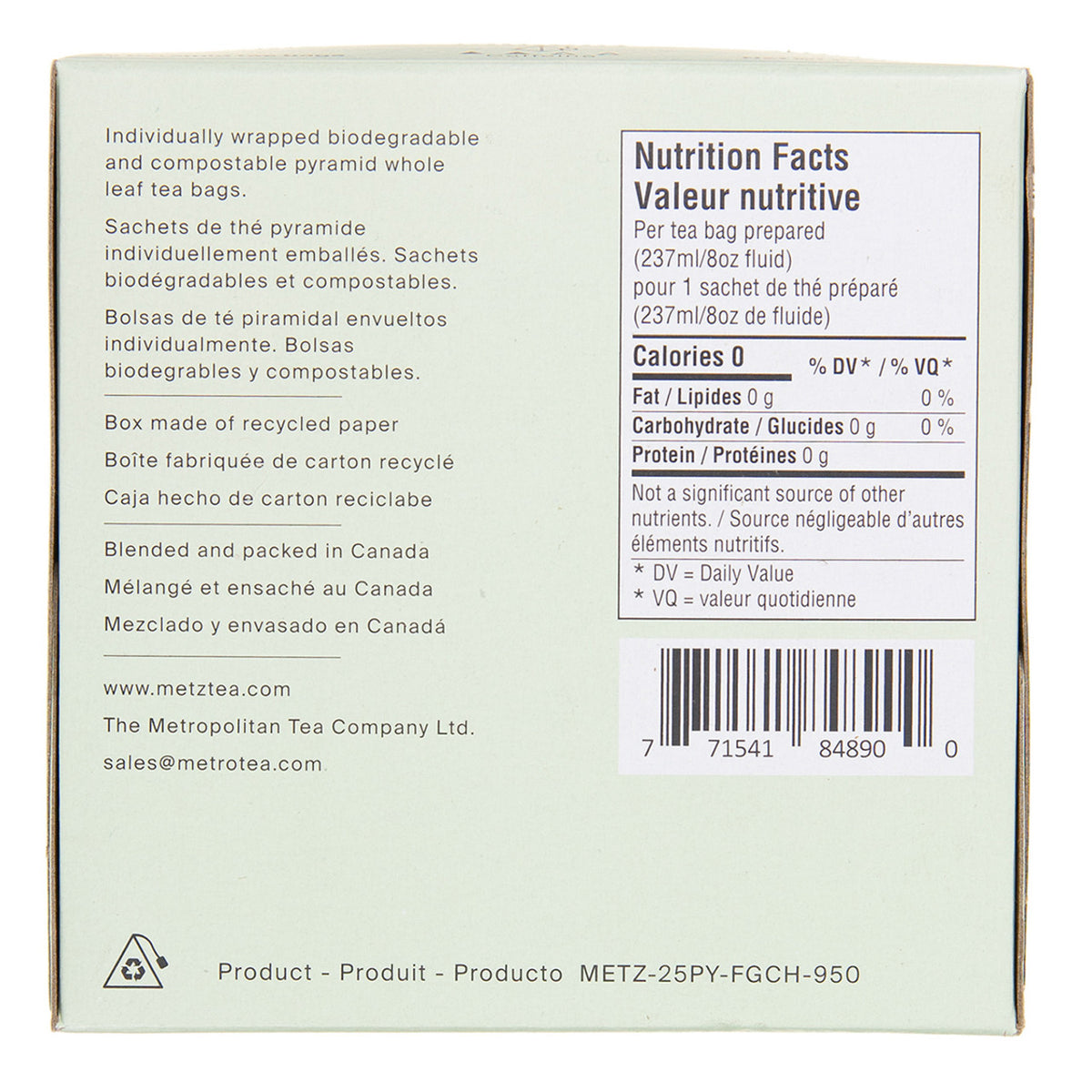 Side of a box of Metz tea with nutrition information and branding information.