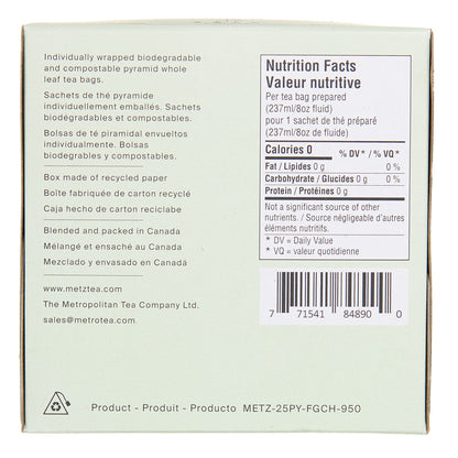 Side of a box of Metz tea with nutrition information and branding information.