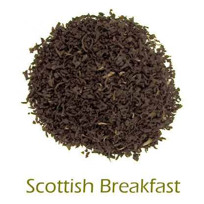 Tea leaves labeled 'Scottish Breakfast' on a white background