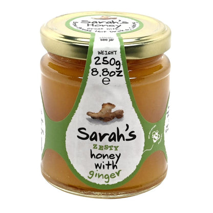 Jar of 'Sarah's Zesty Honey with Ginger' on a white background