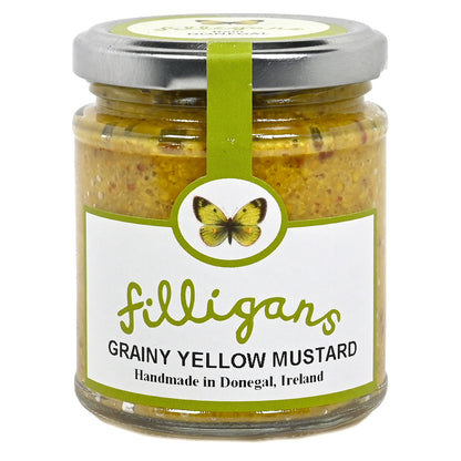 Jar of Filligan's Grainy Yellow Mustard with a butterfly logo on a white background