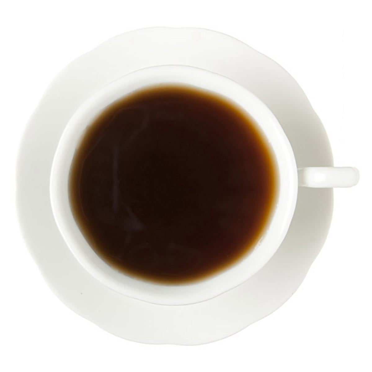 Top-down view of dark black hot tea in a white teacup on a white saucer and white background
