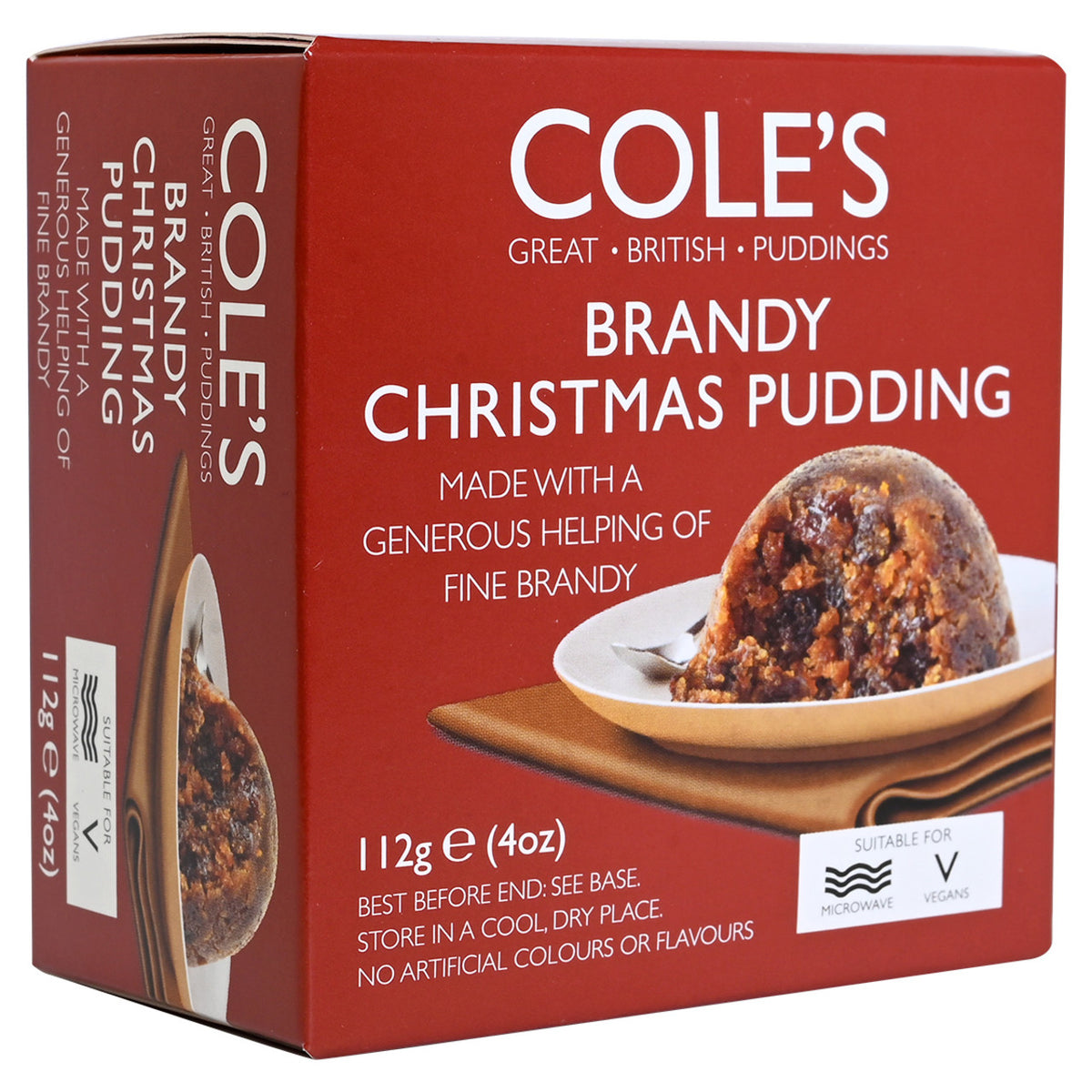 Box of Cole's Brandy Christmas Pudding on a white background