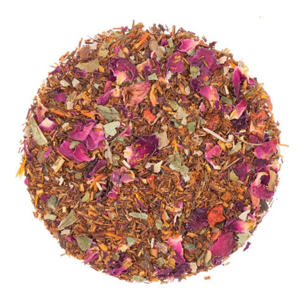 Colorful mix of dried tea leaves and flowers on a white background