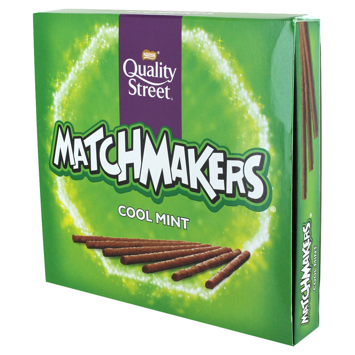 Box of Quality Street Matchmakers Cool Mint chocolate sticks on a white background