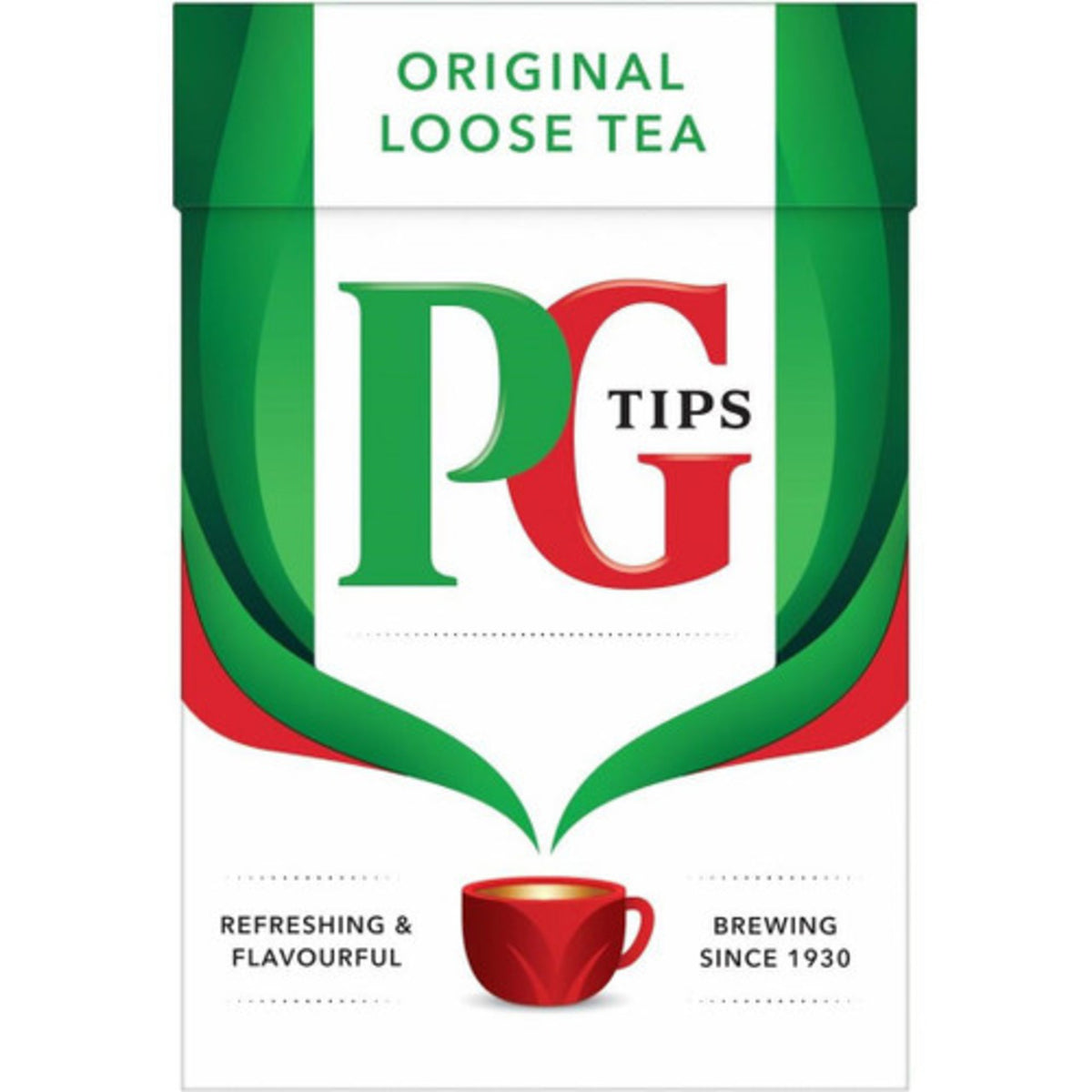 PG Tips loose tea packaging with red cup illustration on a white background