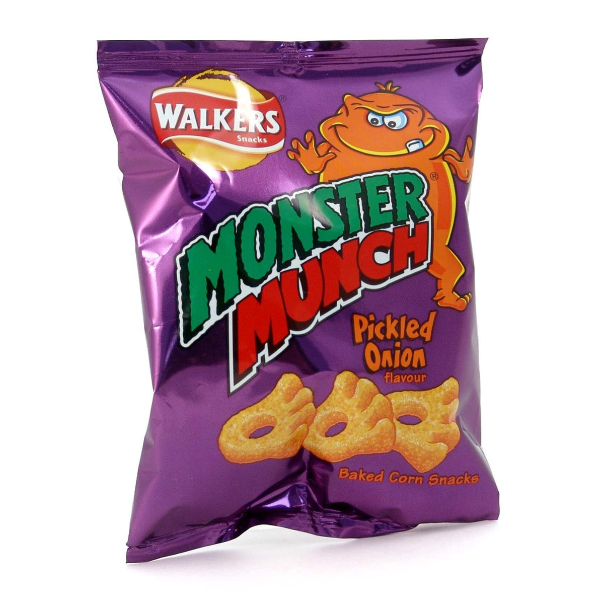 Purple packet of Walkers Monster Munch Pickled Onion flavor on a white background