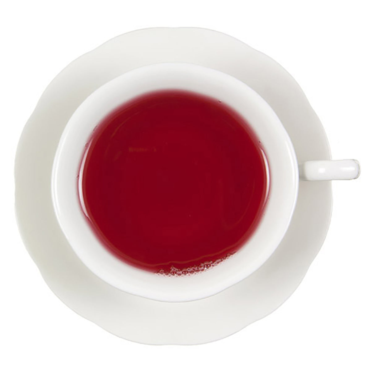 Red colored hot tea in a white teacup on a white saucer on a white background