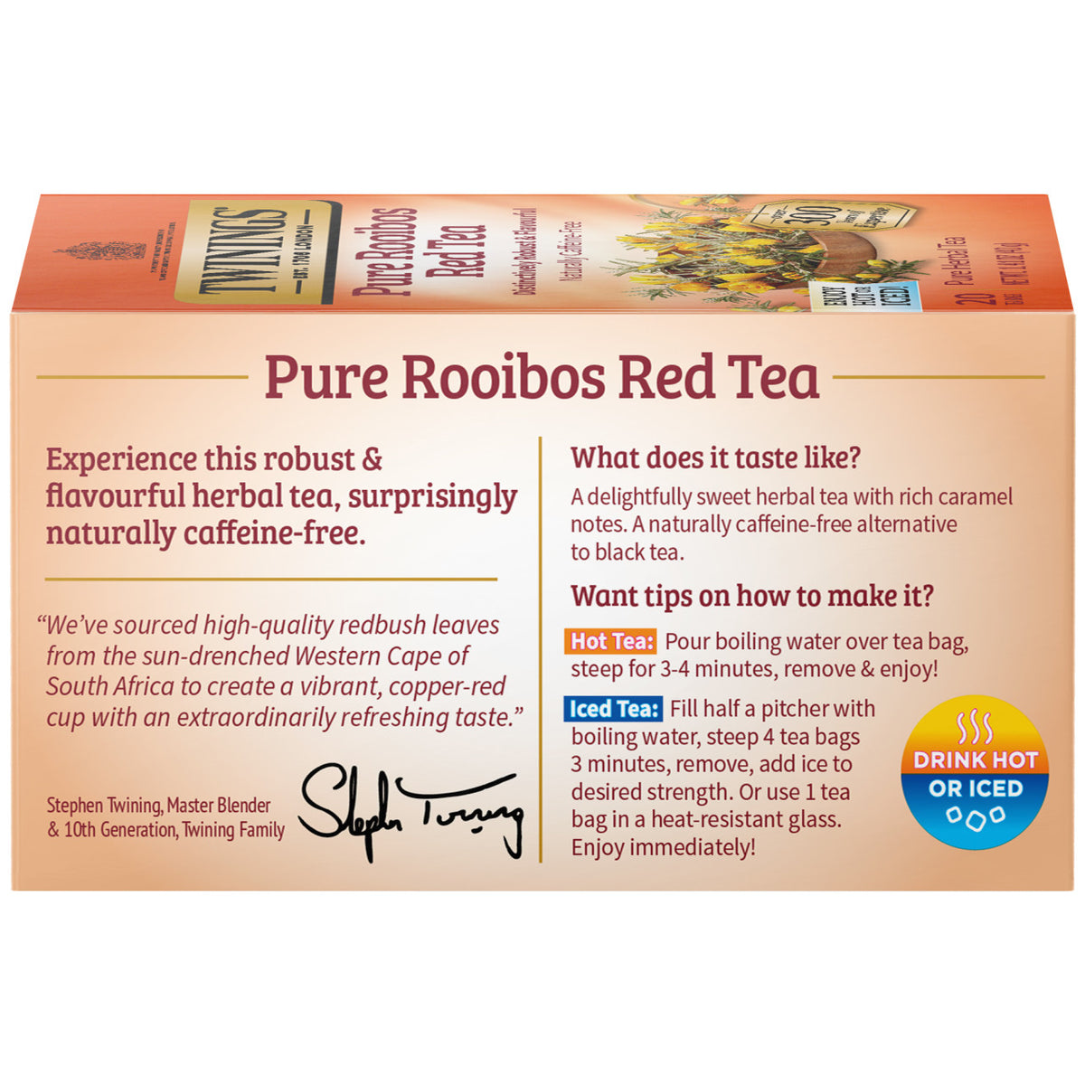 Box of Pure Rooibos Red Tea with branding and product details.