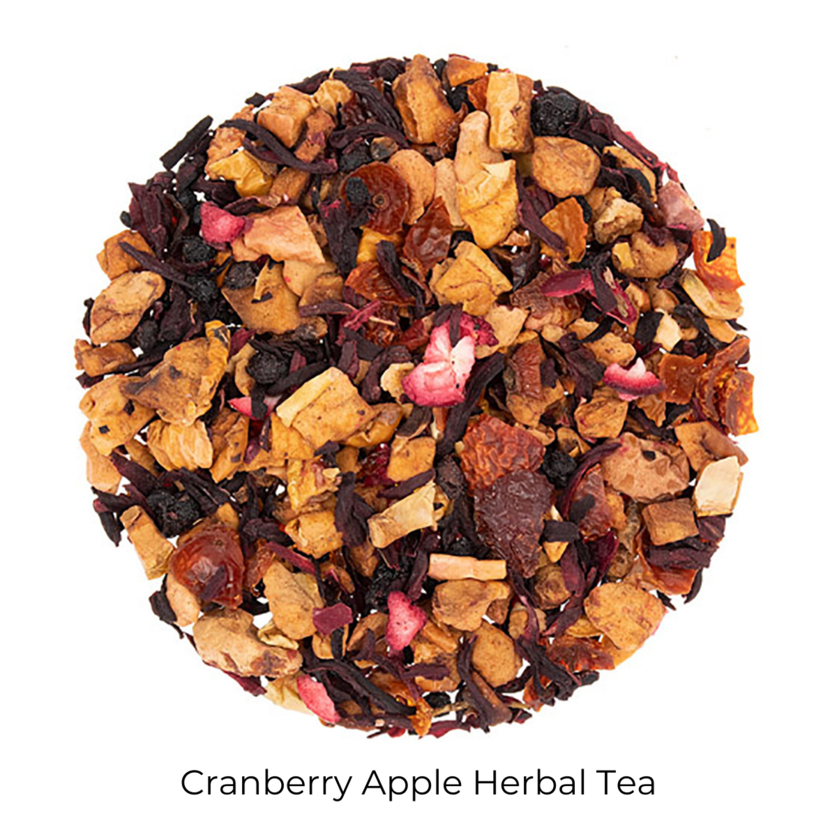 Cranberry Apple Herbal loose-leaf tea on a white background with product name caption