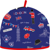 Tea towel with London-themed designs on a blue background