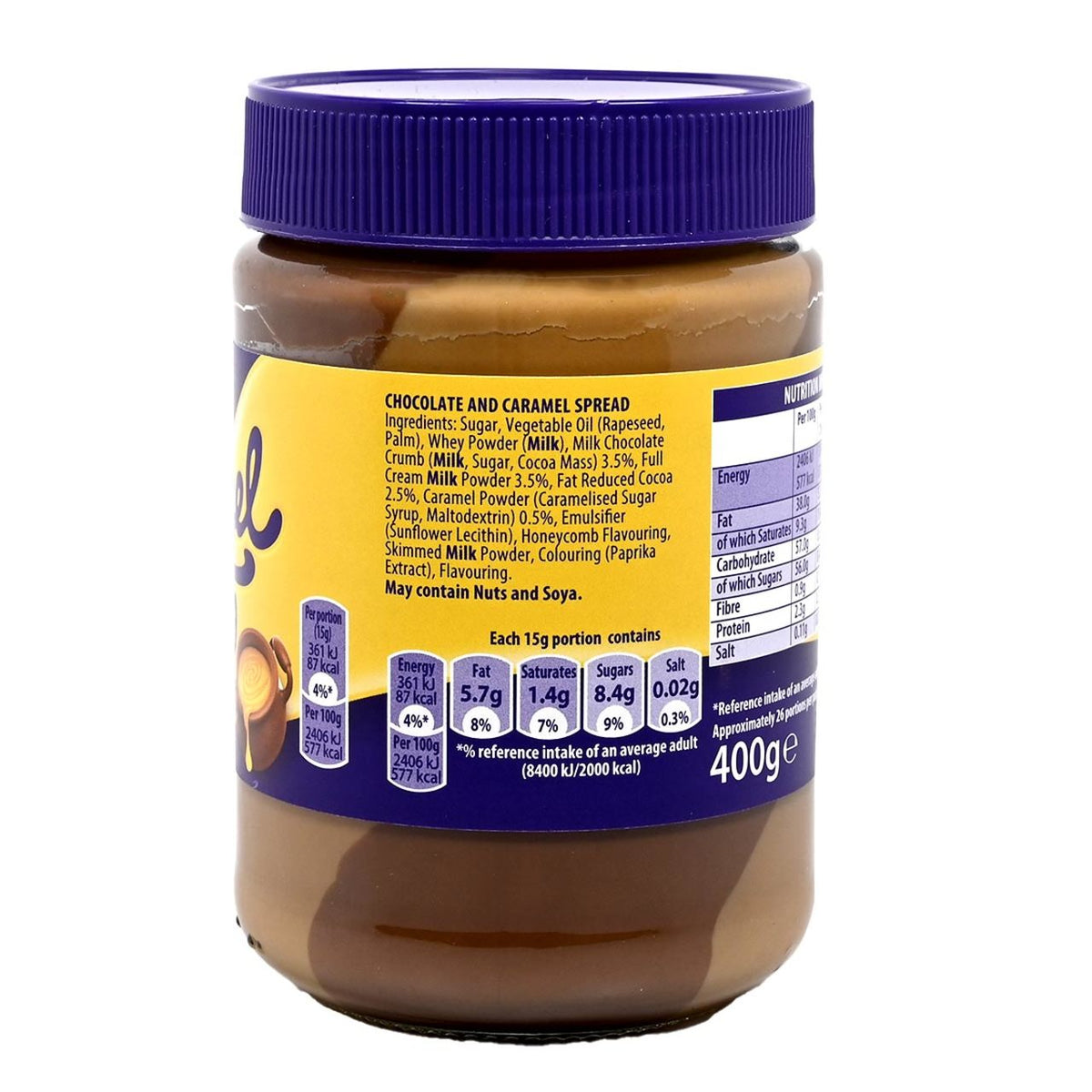 Side view of a jar of Cadbury Caramel Spread on a white background