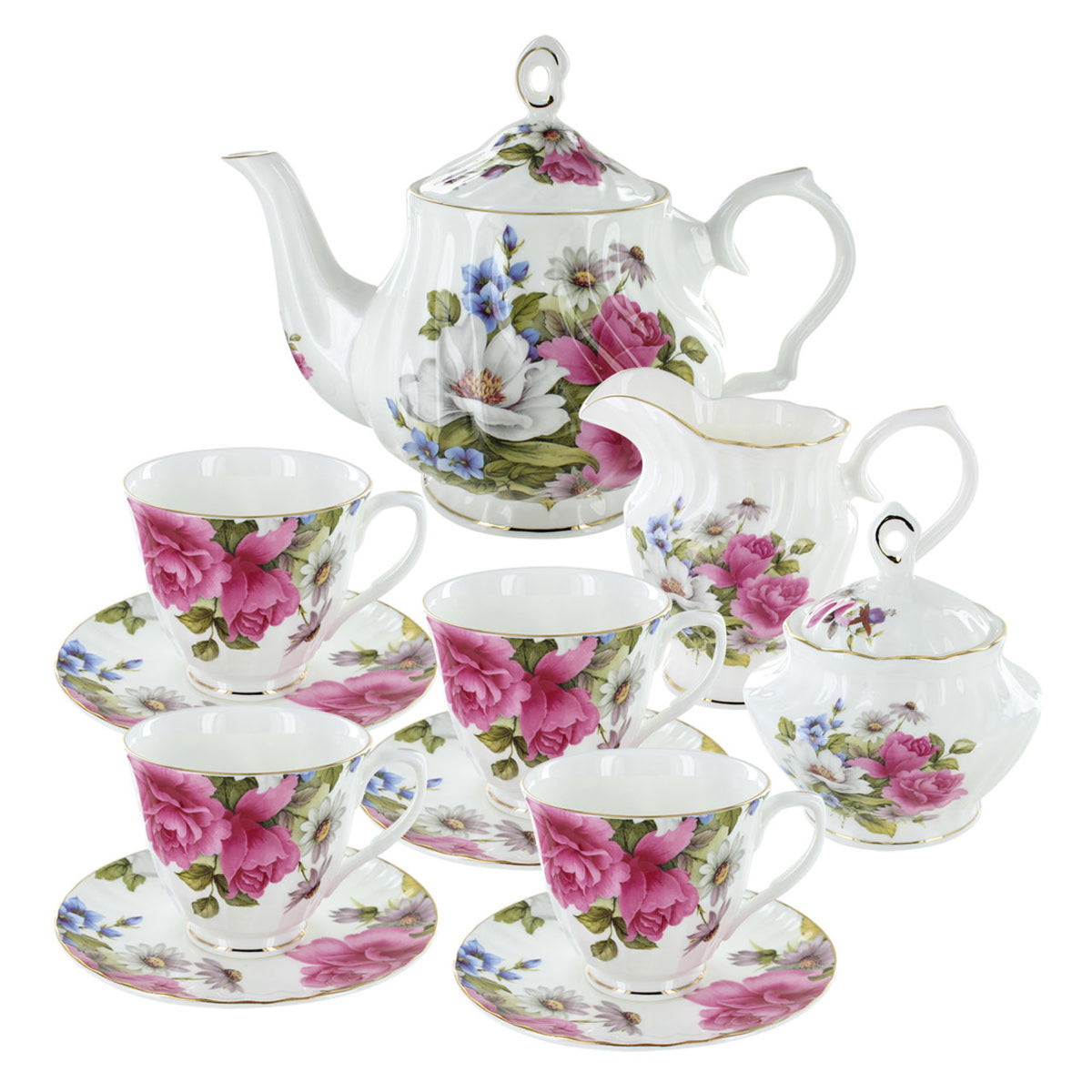 Rose bone floral tease with teapot, cups, and saucers on a white background