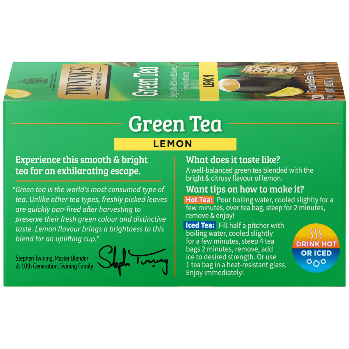 Box of Twinings green tea lemon flavor on a white background