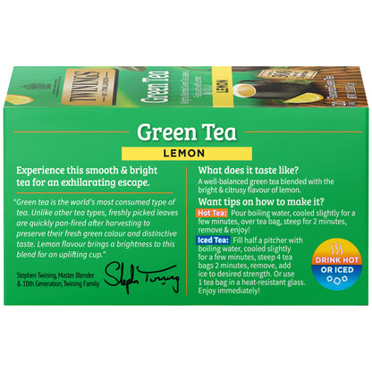 Box of Twinings green tea lemon flavor on a white background