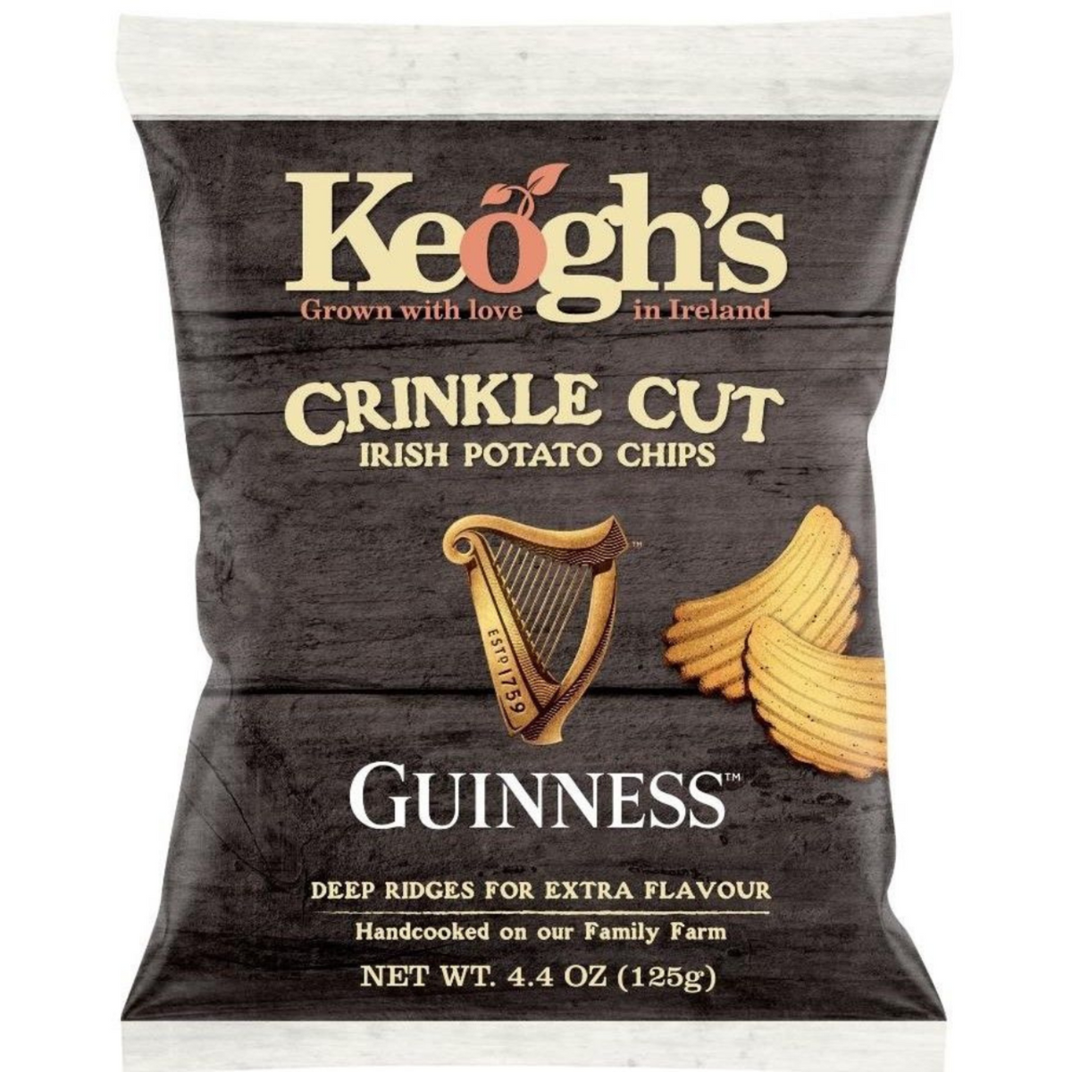 Keogh's Crinkle Cut Guinness Irish Potato Chips packaging on a white background