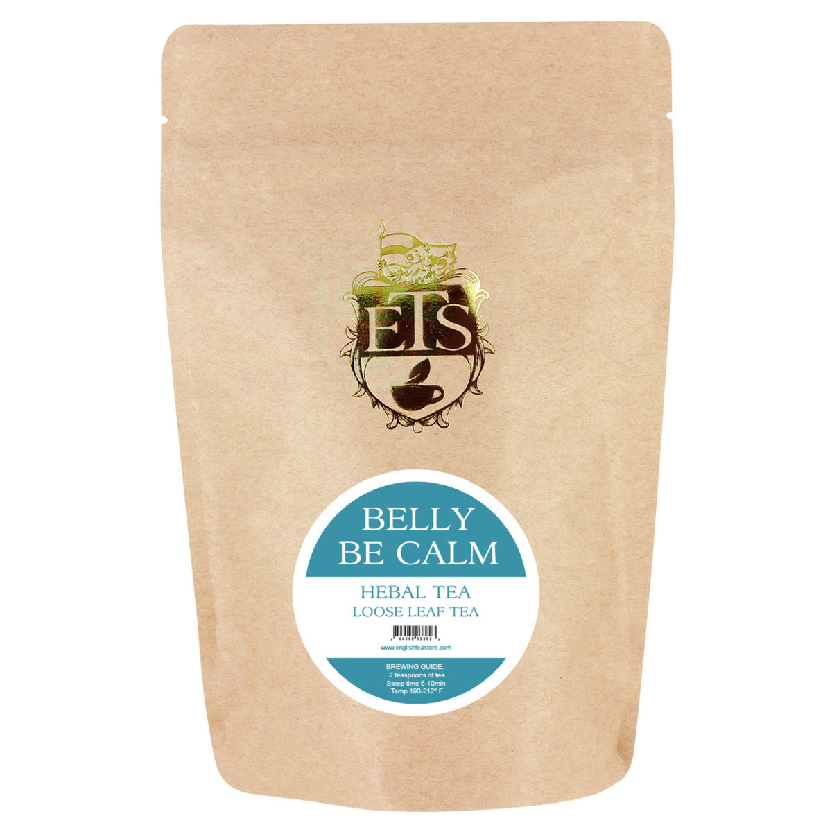 Kraft paper packaging of 'Belly Be Calm' herbal tea with a visible ETS brand logo on a white background.