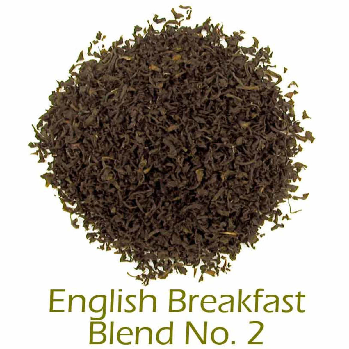 English Breakfast Blend No. 2 loose-leaf tea on a white background with product title text callout at bottom
