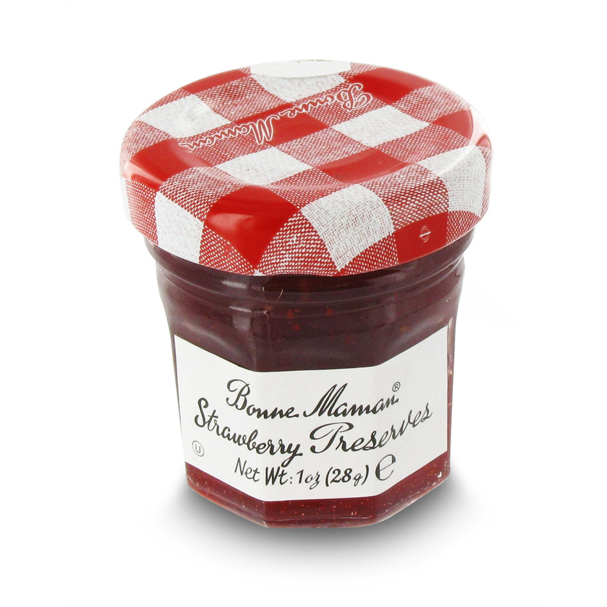 Bottle of Bonne Maman Strawberry Preserves with a red and white checkered lid on a white background