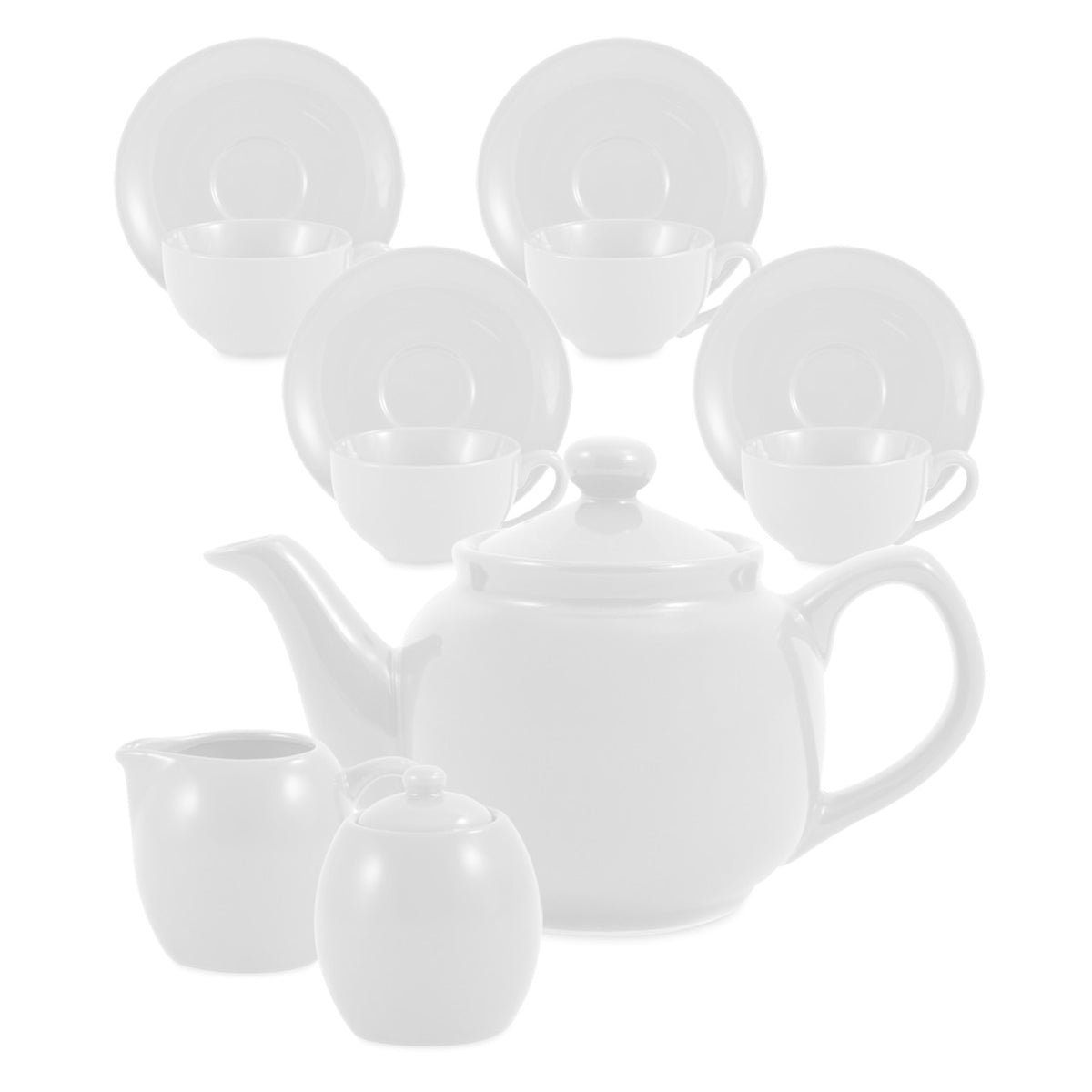 White ceramic teapot set with matching cups and saucers on a white background