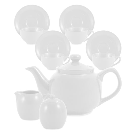 White ceramic teapot set with matching cups and saucers on a white background