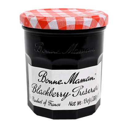 Bonne Maman Blackberry Preserve jar with a red and white checkered lid on a white background