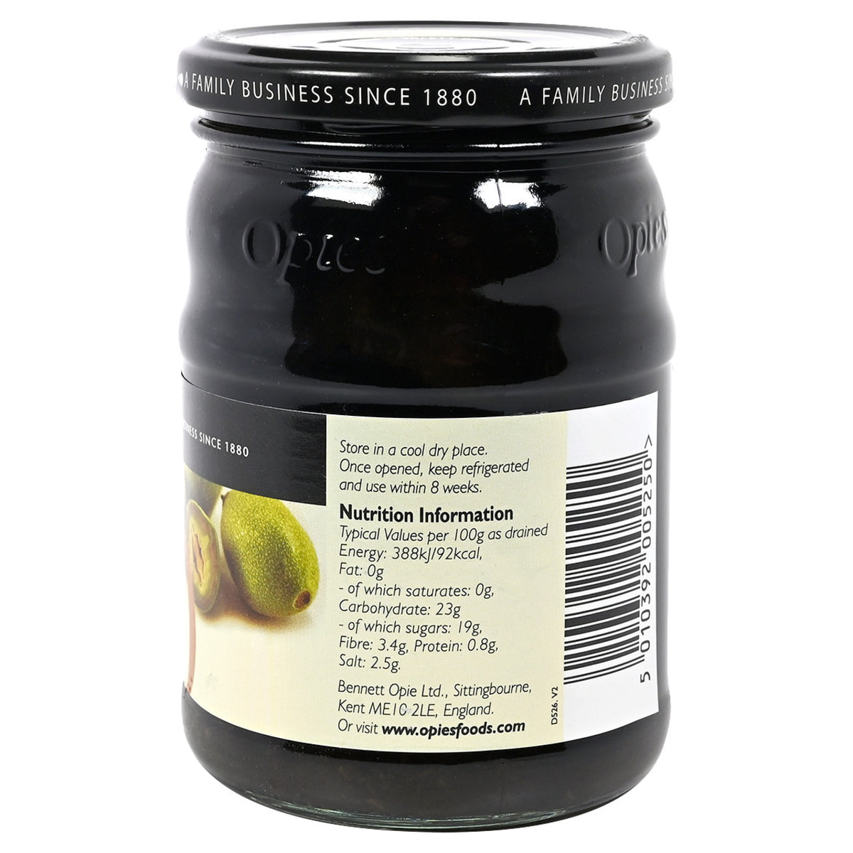 Jar of Opies Pickled Walnuts with nutritional information on a white background 