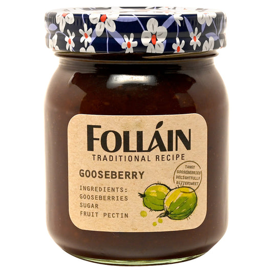 Jar of Folláin gooseberry jam with decorative lid on a white background