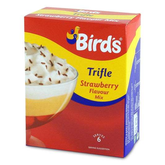 Bird's Trifle Strawberry Flavour Mix packaging on a white background