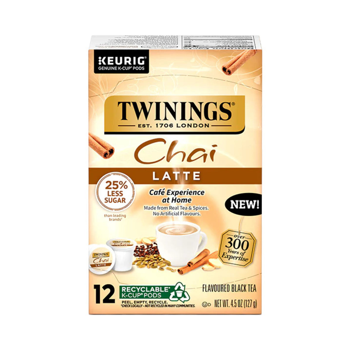 Box of Twinings Chai Latte K-Cup pods with cinnamon sticks on a white background