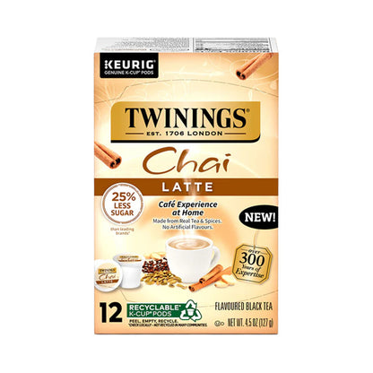 Box of Twinings Chai Latte K-Cup pods with cinnamon sticks on a white background