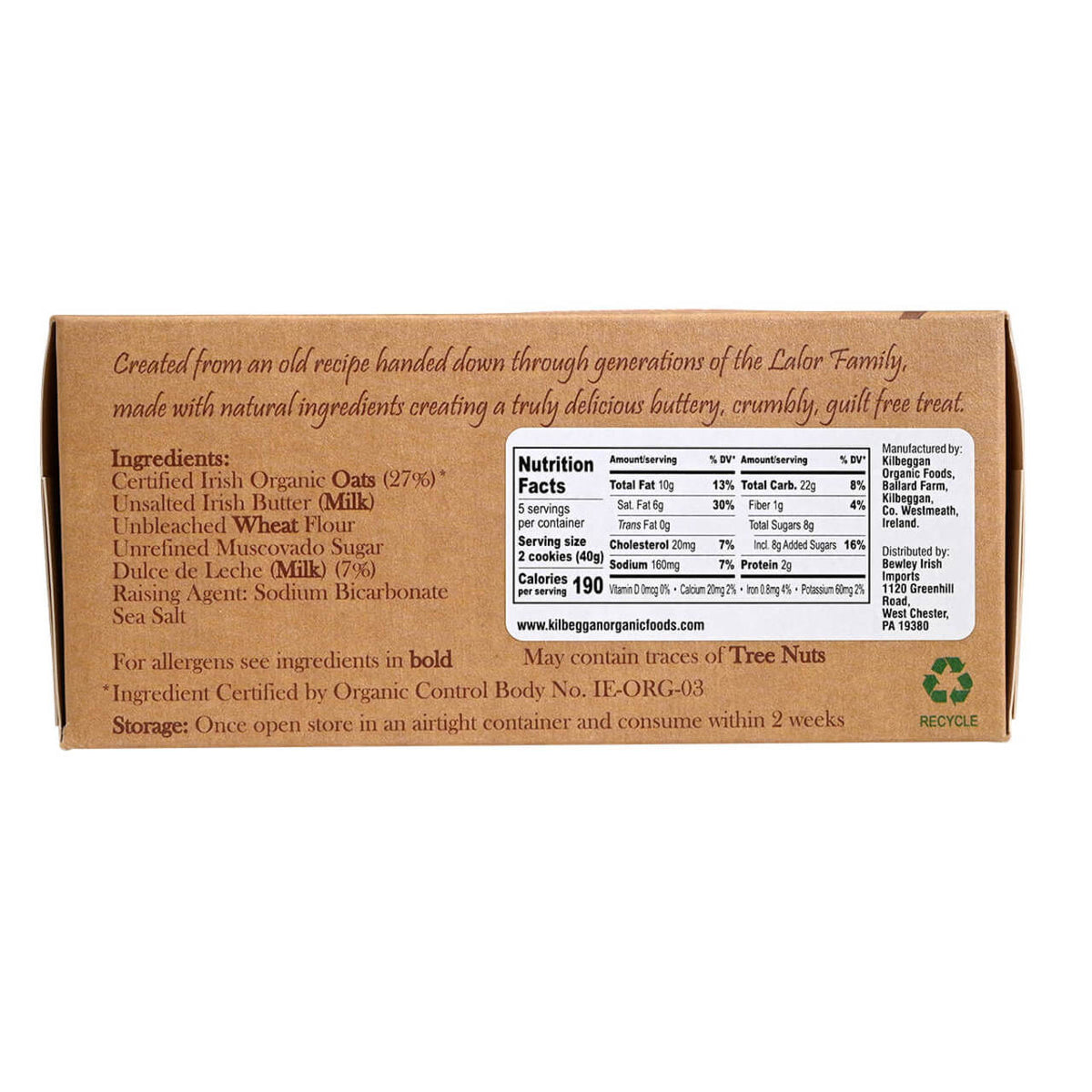 Back of a Kilbeggan Irish Oat Cookies box with nutritional information and ingredient list on a white background