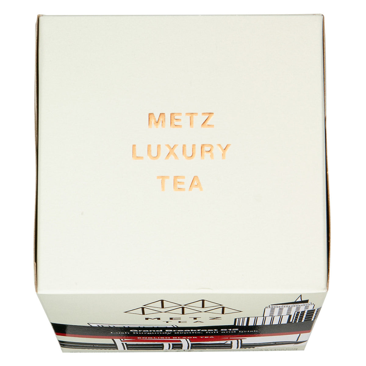 Top of a box of Metz tea featuring the text "Metz Luxury Tea"