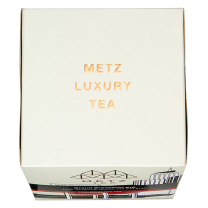 Top of a box of Metz tea featuring the text "Metz Luxury Tea"