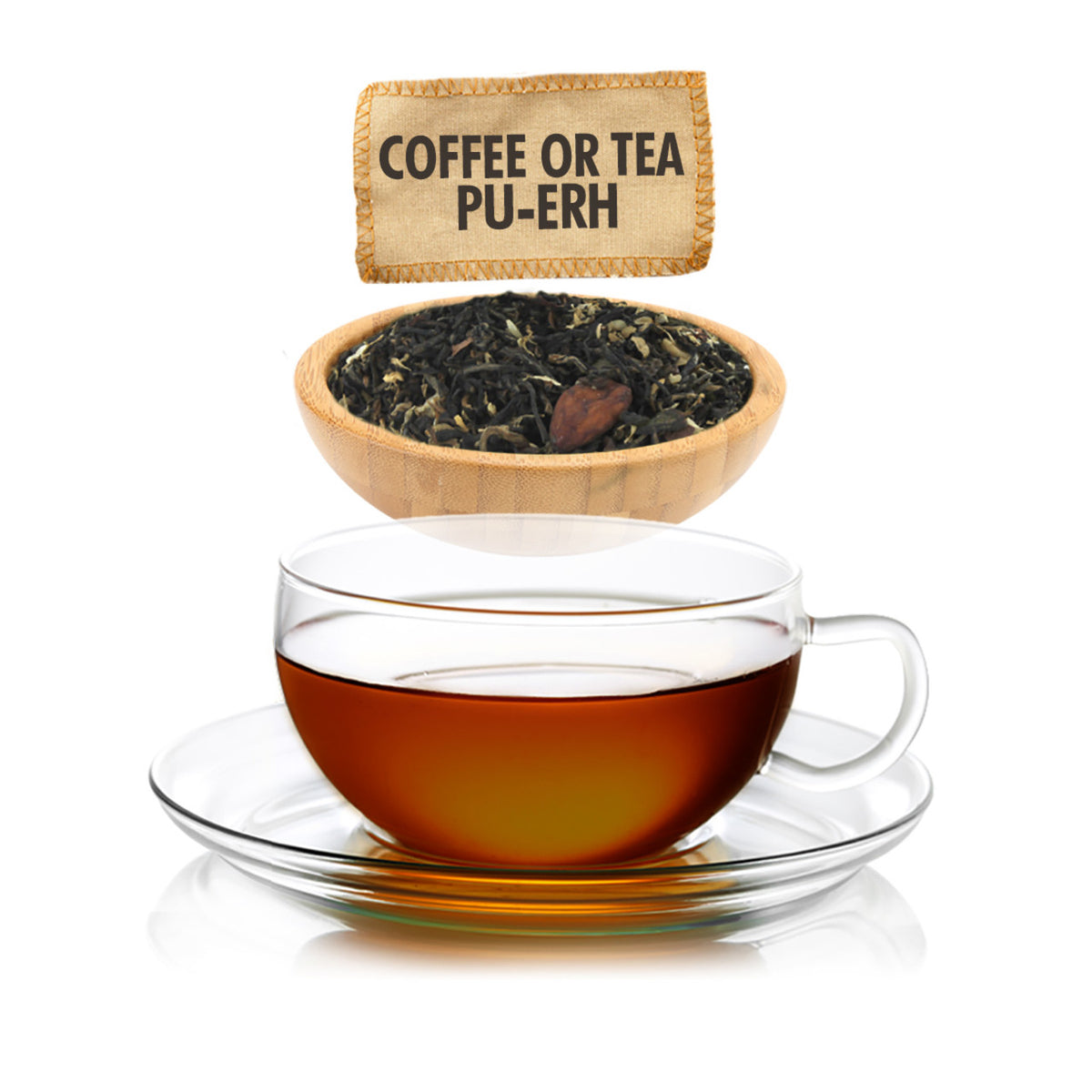 Clear glass cup of tea with a wooden bowl of tea leaves and a sign above on a white background