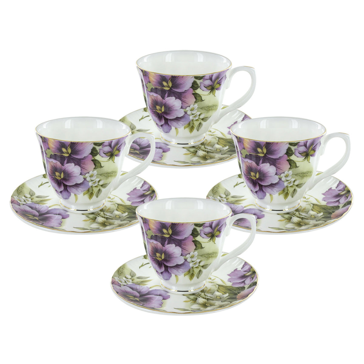 Set of four ceramic tea cups and saucers with purple floral design on a white background