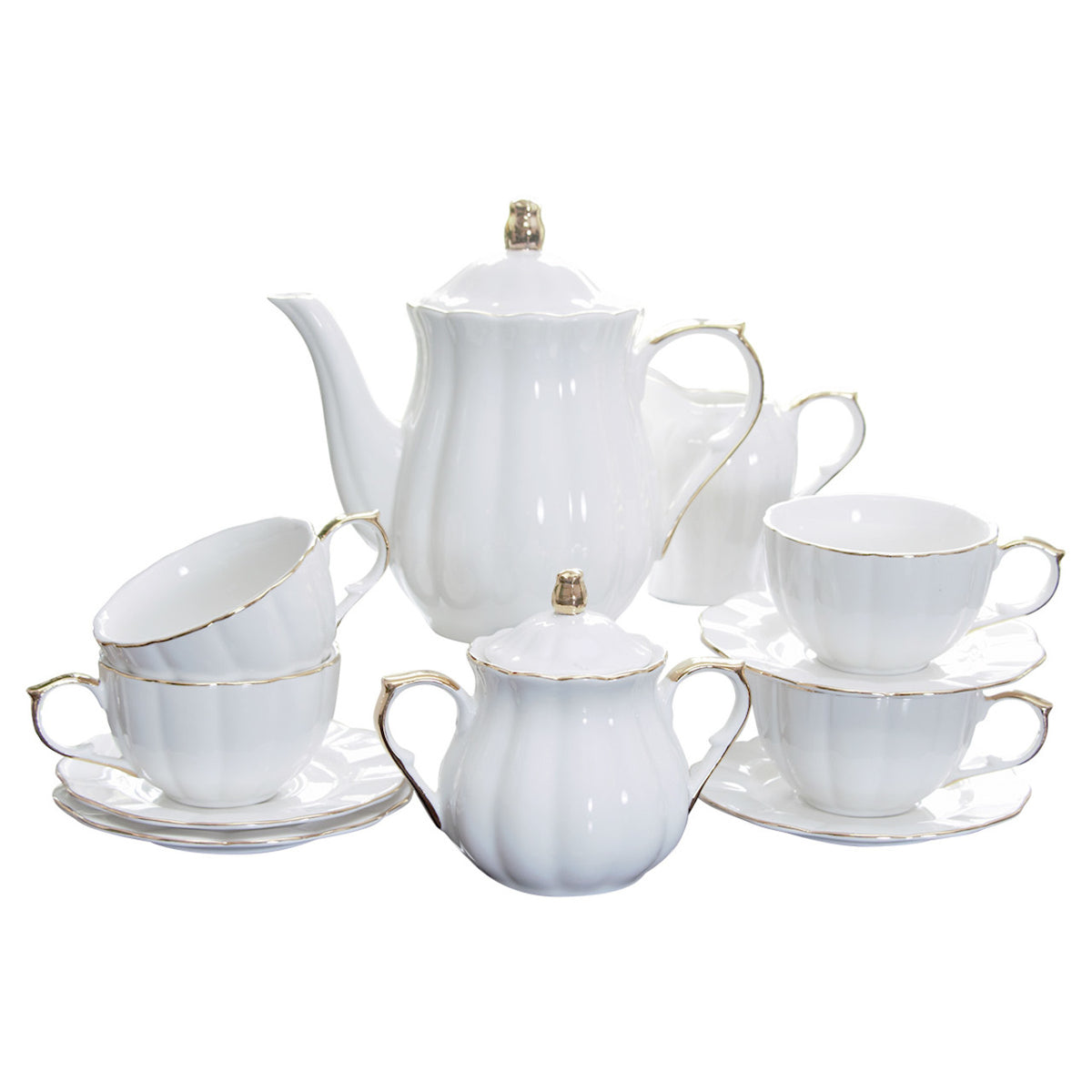 White ceramic tea set with gold accents on a white background