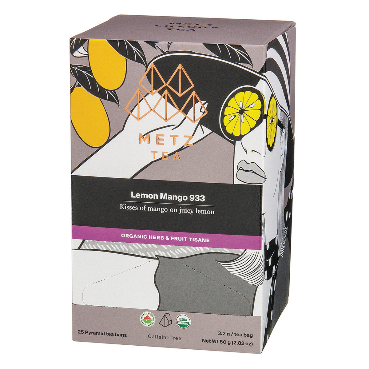 Metz Tea Lemon Mango 933 tea box with artistic design and product details.