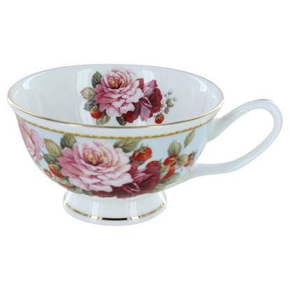 Bone china teacup with floral design on a white background