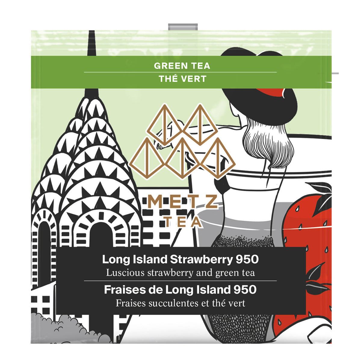 An individually wrapped Metz Long Island Strawberry 950 green tea.  The bag contains a drawing of a young woman in a hat looking at the top of the Empire State Building.