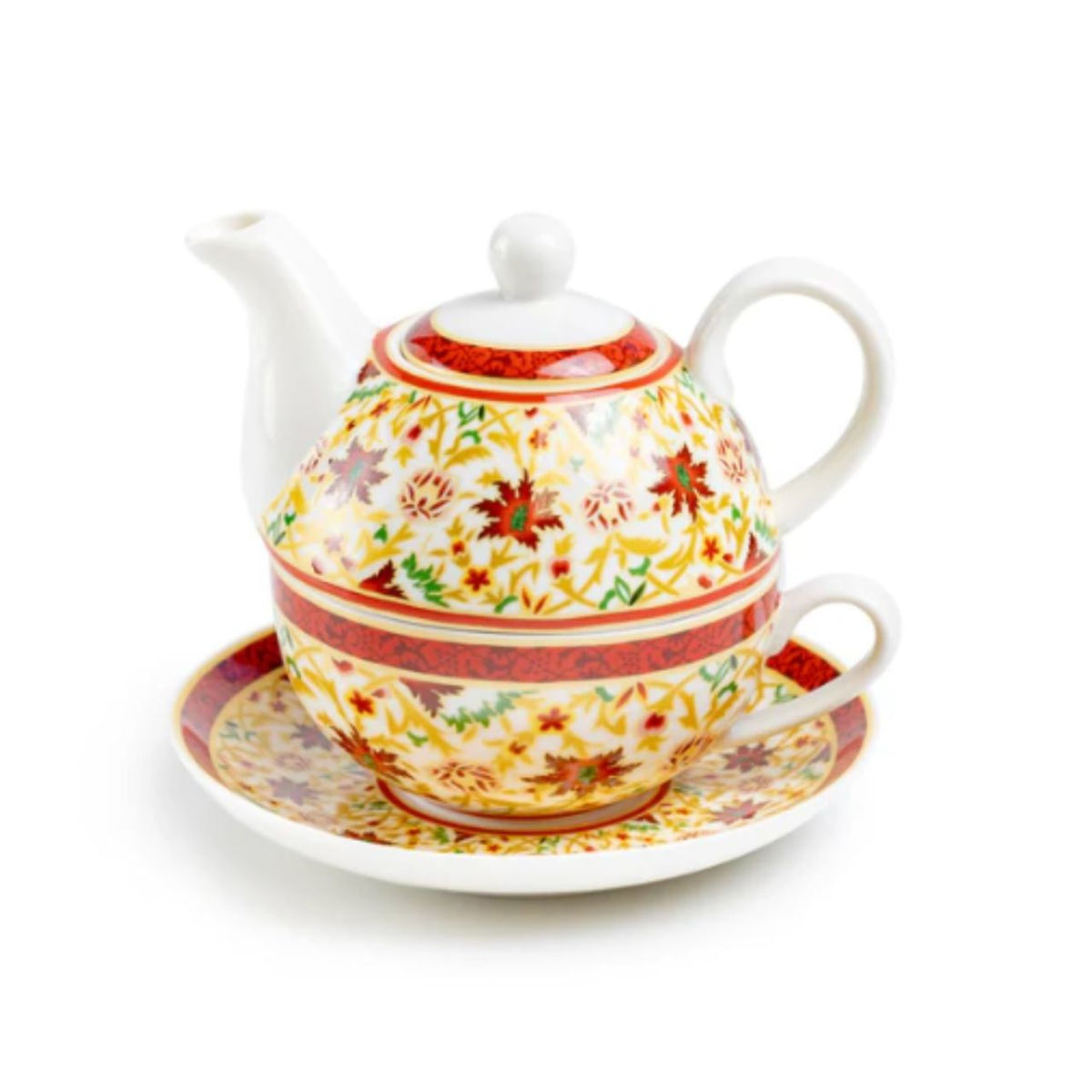 Decorative teapot, cup, and saucer set with floral patterns on a white background